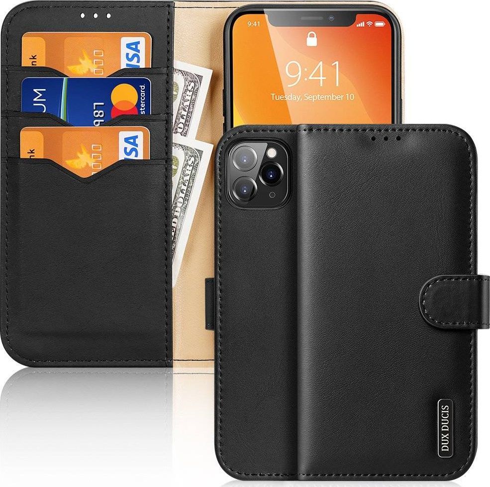 Dux Ducis Dux Ducis Hivo skórzane etui z klapką pokrowiec ze skóry naturalnej portfel na karty i dokumenty iPhone 11 Pro Max czarny 1