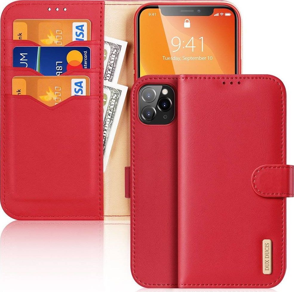 Dux Ducis Dux Ducis Hivo skórzane etui z klapką pokrowiec ze skóry naturalnej portfel na karty i dokumenty iPhone 11 Pro czerwony 1