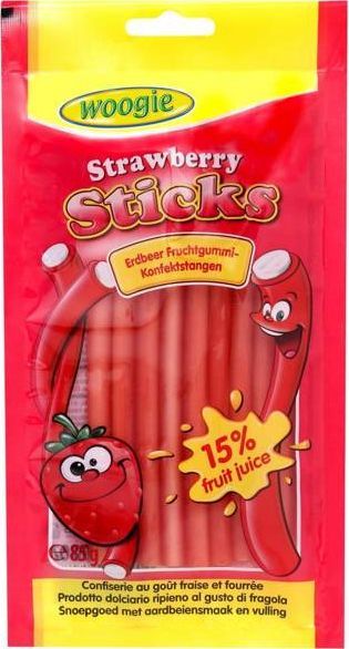 Woogie Woogie Strawberry Sticks Żelki Truskawkowe Nadziewane 85 g 1