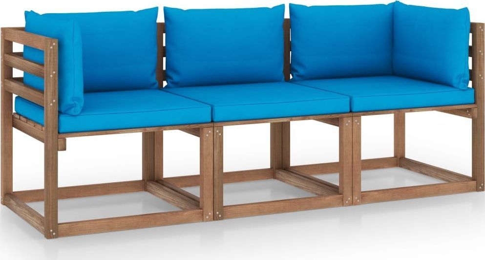 vidaXL Ogrodowa sofa 3-os. z palet jasnoniebieskie poduszki sosna 1