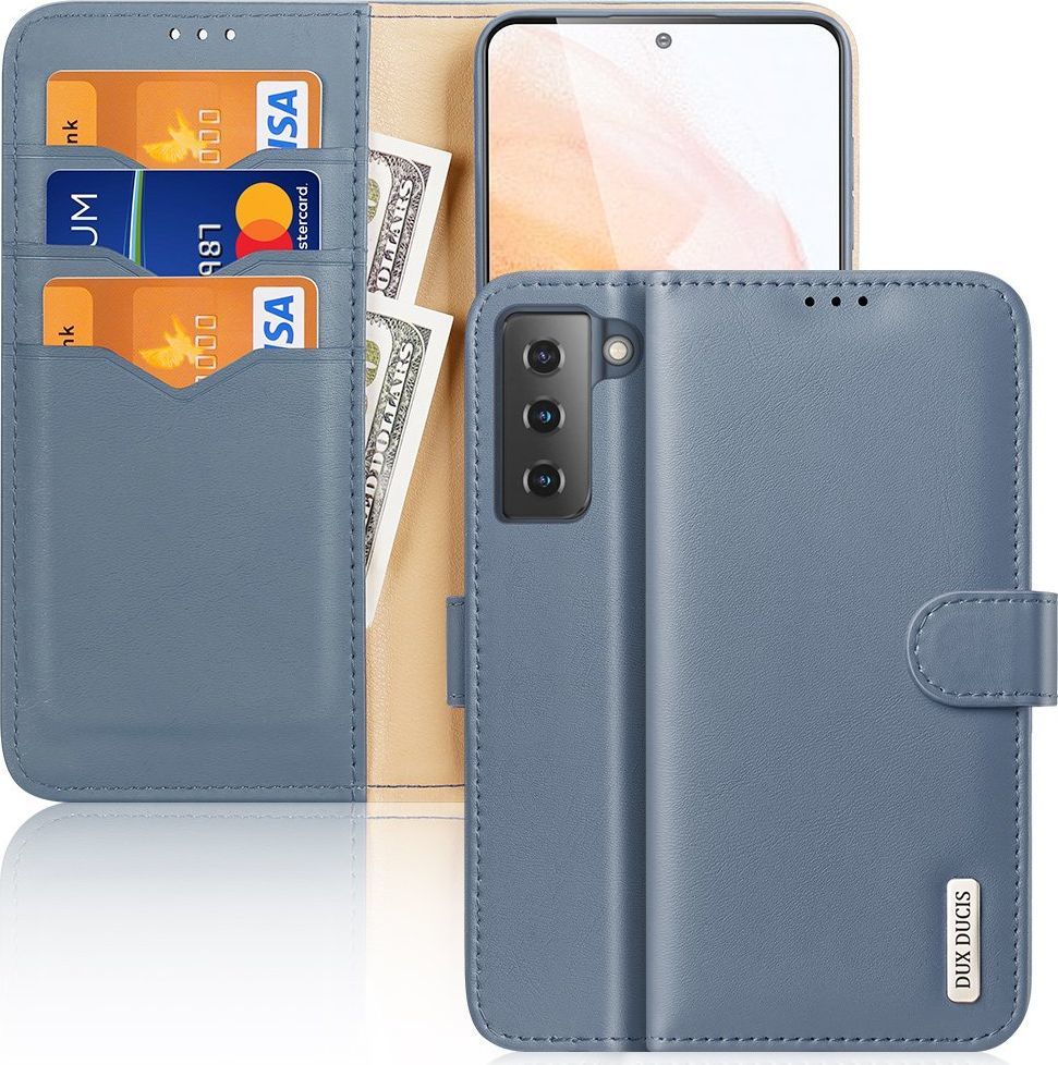 Hurtel Dux Ducis Hivo skórzane etui z klapką pokrowiec ze skóry naturalnej portfel na karty i dokumenty Samsung Galaxy S21 5G niebieski 1