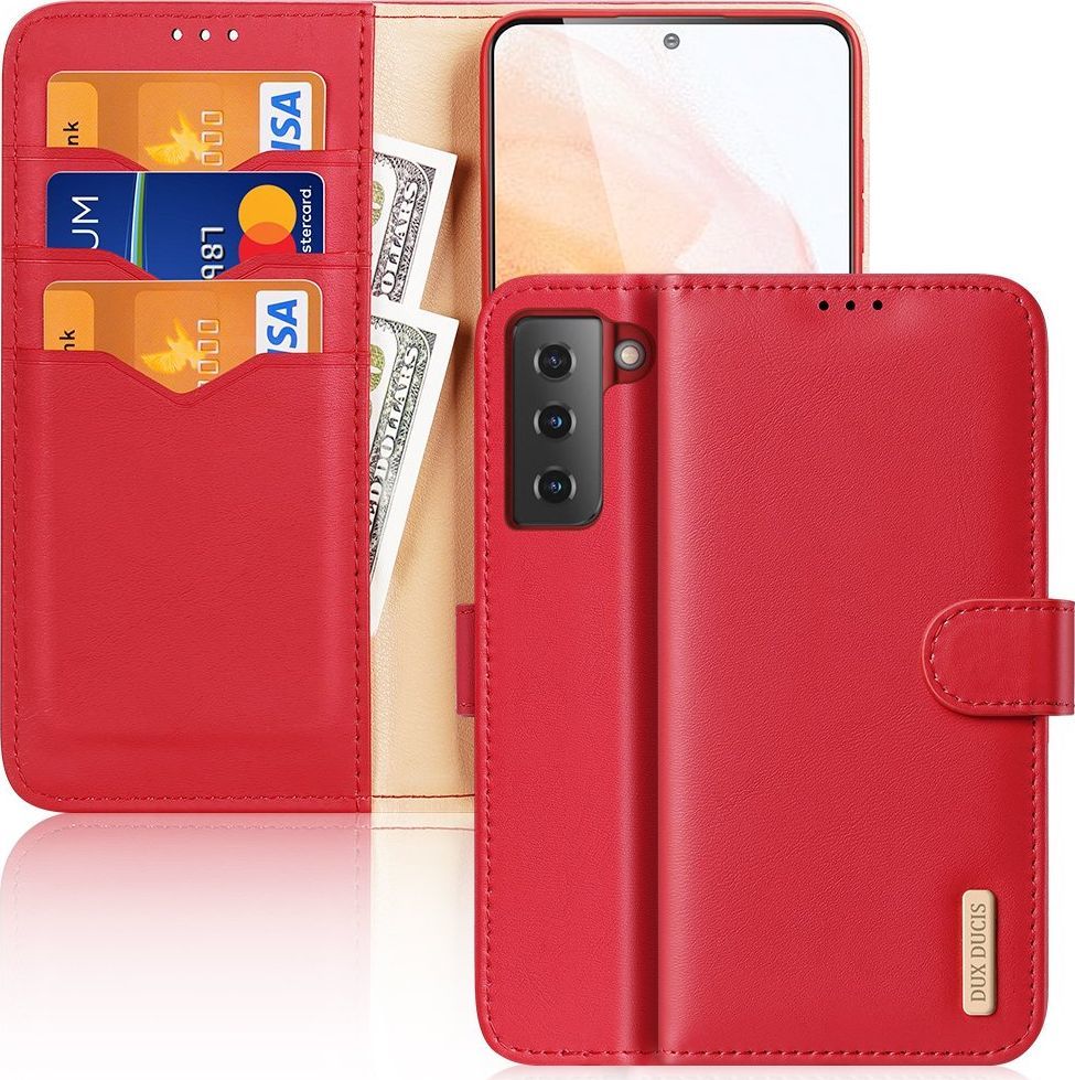 Hurtel Dux Ducis Hivo skórzane etui z klapką pokrowiec ze skóry naturalnej portfel na karty i dokumenty Samsung Galaxy S21 5G czerwony 1