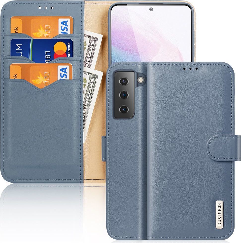 Hurtel Dux Ducis Hivo skórzane etui z klapką pokrowiec ze skóry naturalnej portfel na karty i dokumenty Samsung Galaxy S21+ 5G (S21 Plus 5G) niebieski 1
