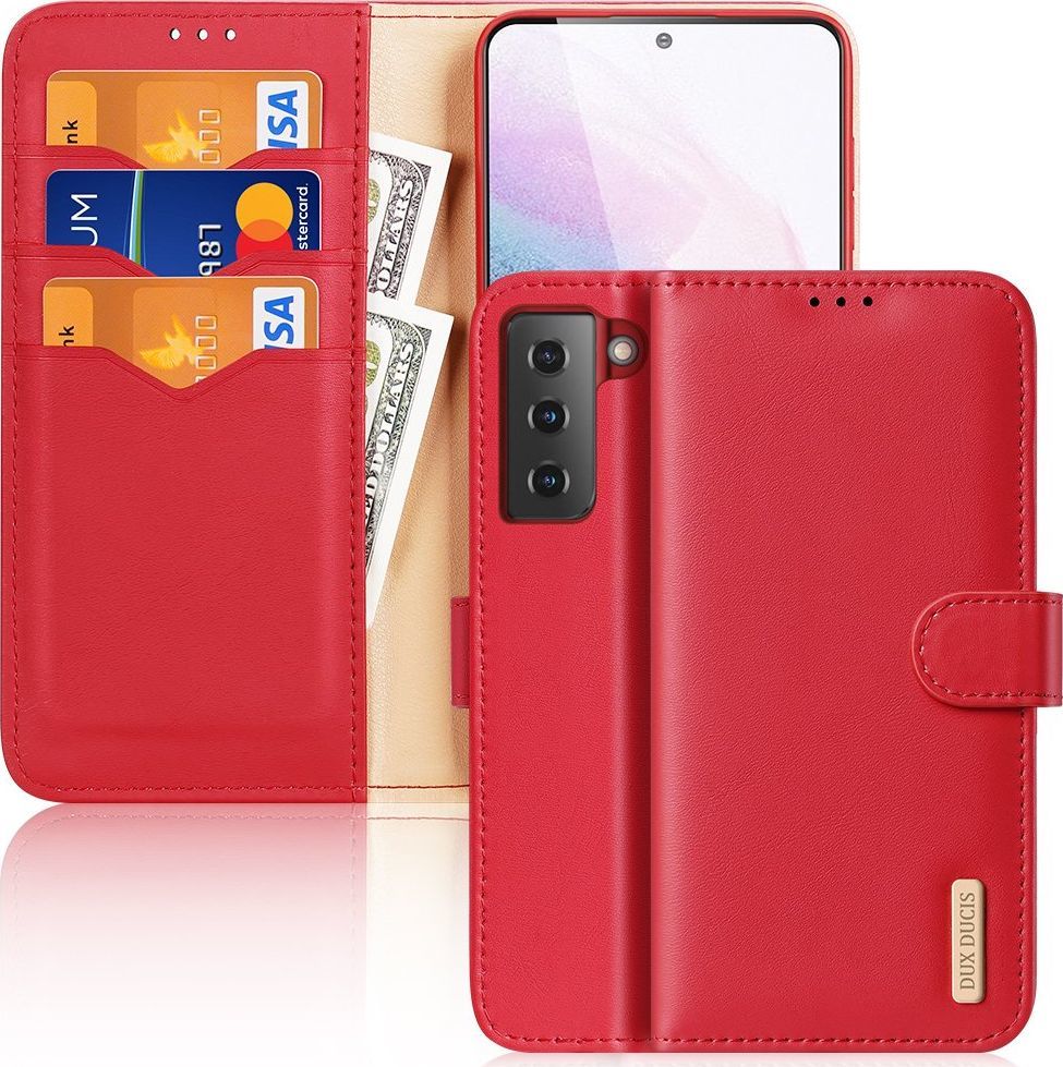 Hurtel Dux Ducis Hivo skórzane etui z klapką pokrowiec ze skóry naturalnej portfel na karty i dokumenty Samsung Galaxy S21+ 5G (S21 Plus 5G) czerwony 1