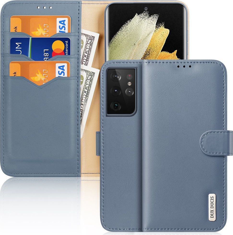 Hurtel Dux Ducis Hivo skórzane etui z klapką pokrowiec ze skóry naturalnej portfel na karty i dokumenty Samsung Galaxy S21 Ultra 5G niebieski 1