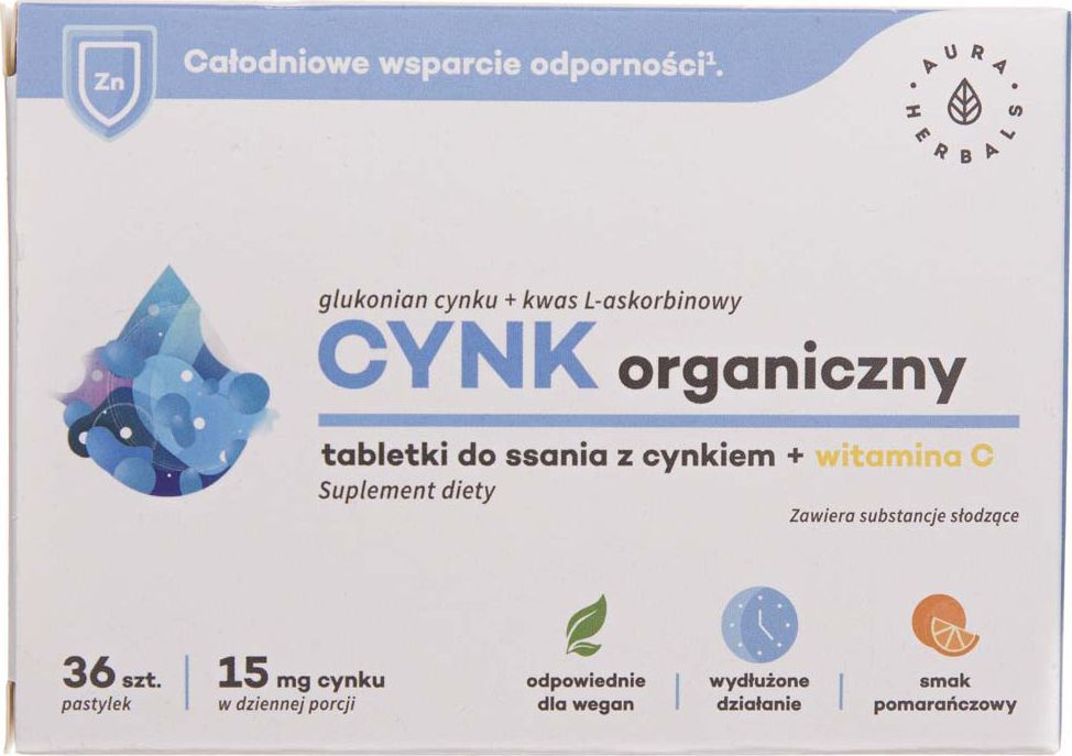 Aura Herbals Aura Herbals Cynk organiczny z witaminą C do ssania 15 mg - 36 pastylek 1