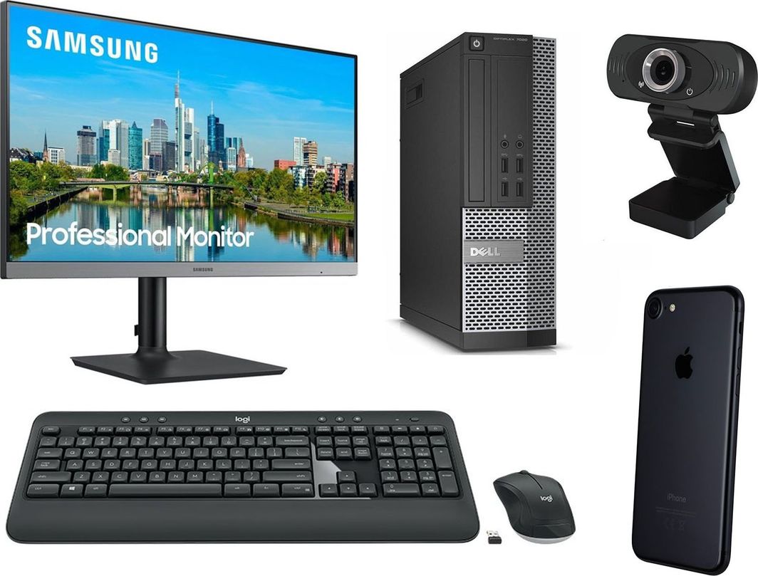 Komputer Dell Zestaw premium dla ucznia | Dell Optiplex 7020 SFF i5 - 4 generacji / 8GB / 240GB SSD / Klasa A + Nowy monitor Samsung 24" + Zestaw klawiatura+mysz MK540 + kamerka Mi IMILAB + iPhone 7 32GB Black - klasa A+ 1