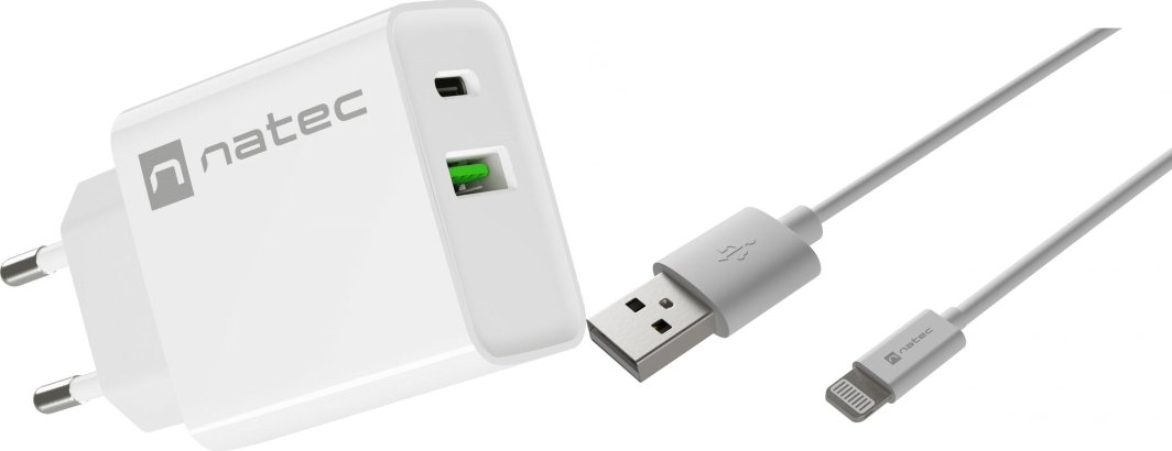 Ładowarka Natec Ribera 1x USB-A 1x USB-C 3 A (NUC-2061) + Kabel USB-A - Lightning 1 m Biały 1