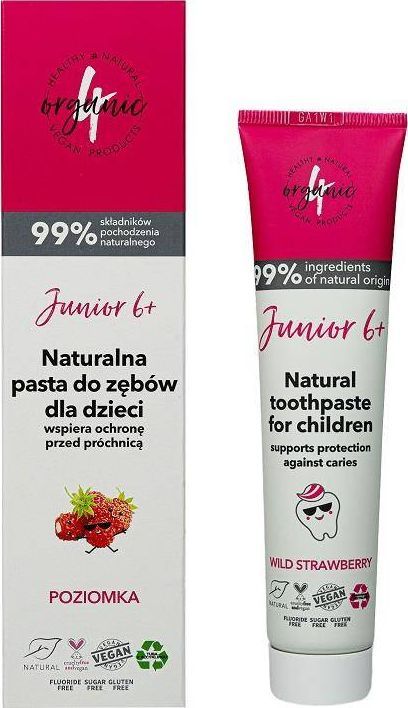 4organic Junior naturalna pasta do zębów dla dzieci 6+ Poziomka 75ml 1