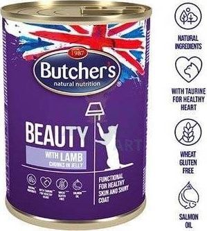 Butcher’s BUTCHER'S Functional Cat Beauty z jagnięciną kawałki w galarecie 24x400g puszka (Kot) 1