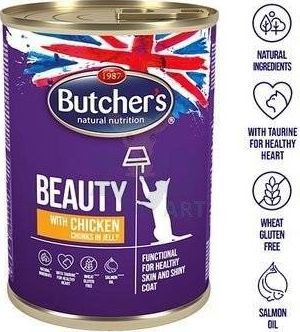 Butcher’s BUTCHER'S Functional Cat Beauty z kurczakiem kawałki w galarecie 24x400g puszka (Kot) 1
