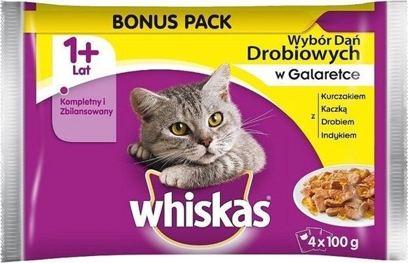 Whiskas WHISKAS Adult saszetka 60x100g Smaki Drobiowe - mokra karma dla kotów w galaretce (z kurczakiem, z kaczką, z drobiem, z indykiem) 1