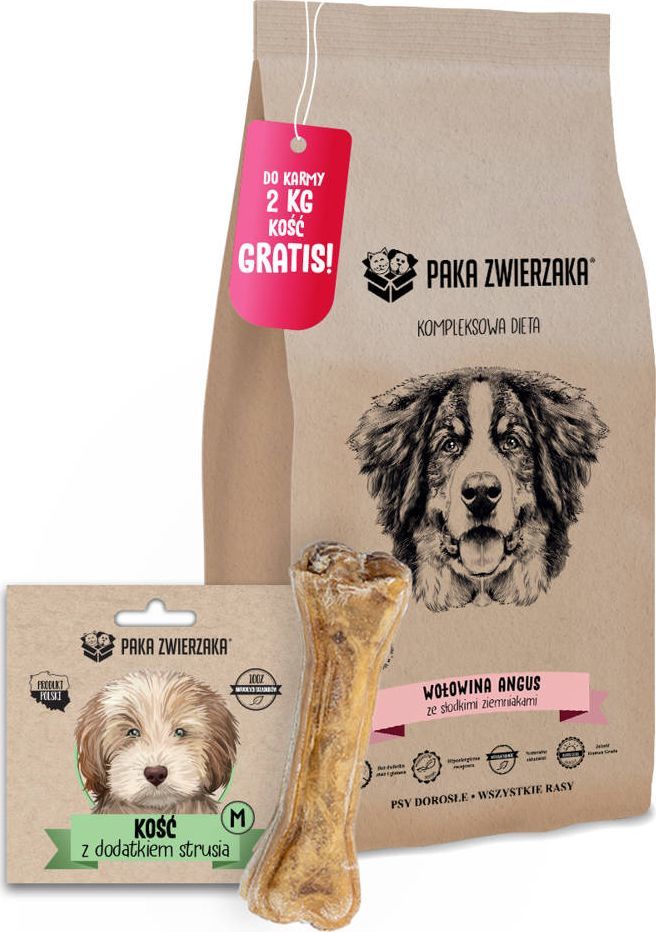 Paka Zwierzaka Paka Zwierzaka Wołowina Angus i słodkie ziemniaki 2kg + Kość z dodatkiem strusia (M) GRATIS 1