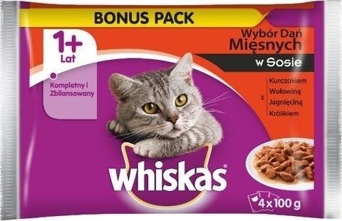 Whiskas Adult saszetka Smaki Tradycyjne - mokra karma dla kotów w sosie (z kurczakiem, z wołowiną, z jagnięciną, z drobiem) 60x100g 1