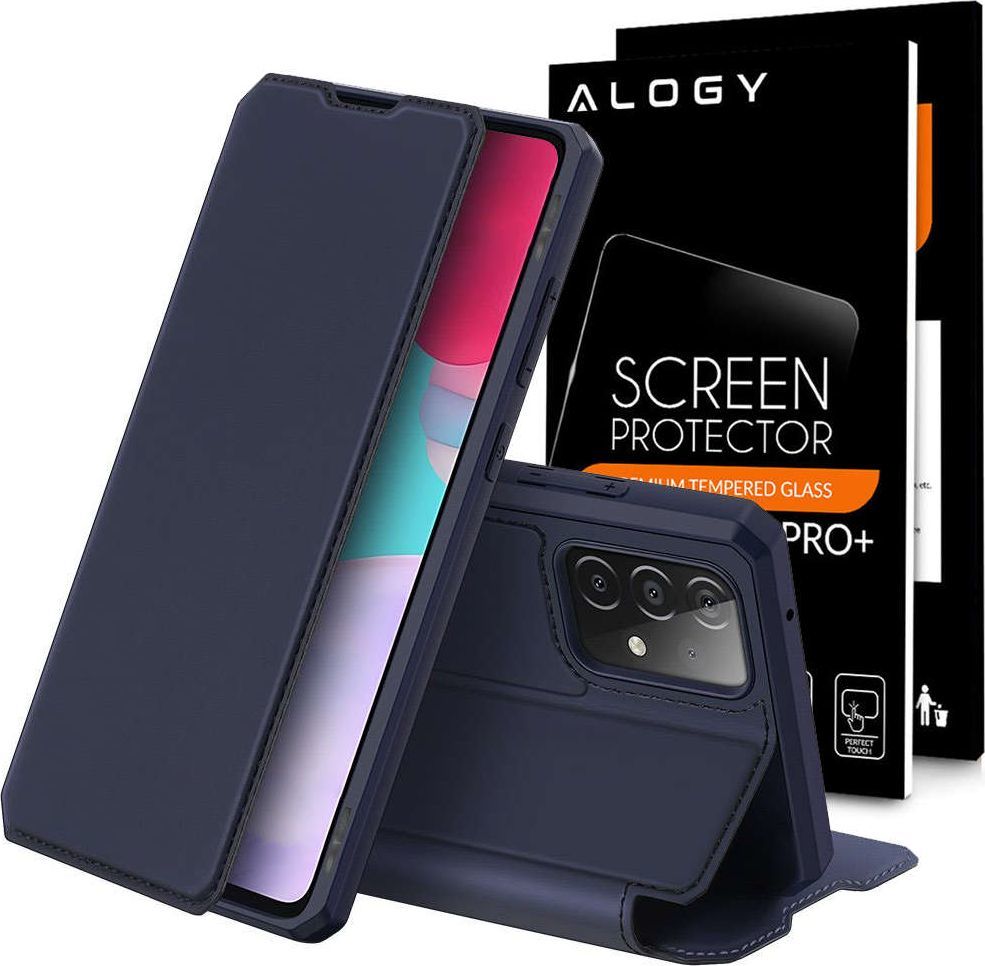 Dux Ducis Etui ochronne z klapką Dux Ducis Skin X skórzane do Galaxy A52/ A52s 4G/5G Granatowe + Szkło 1