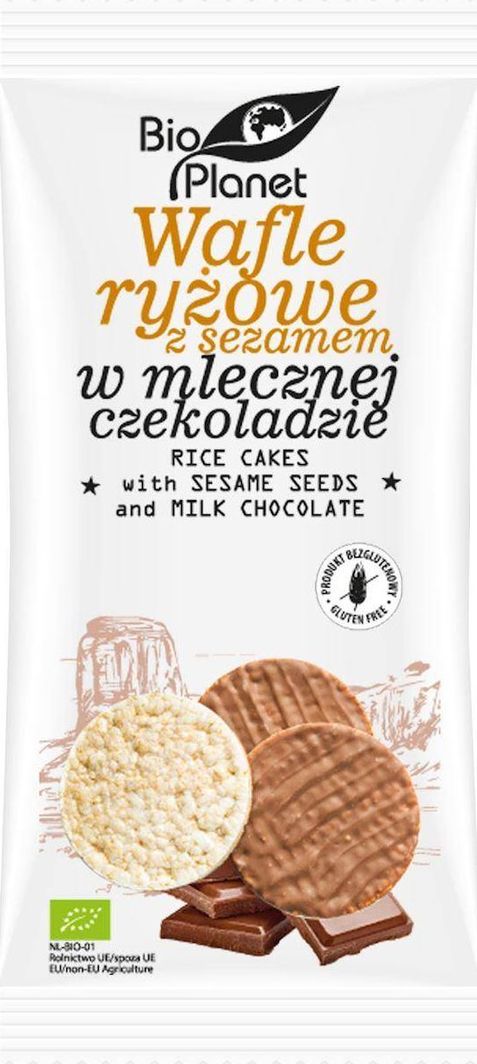 Bio Planet WAFLE RYŻOWE Z SEZAMEM W MLECZNEJ CZEKOLADZIE BEZGLUTENOWE BIO 100 g - BIO PLANET 1