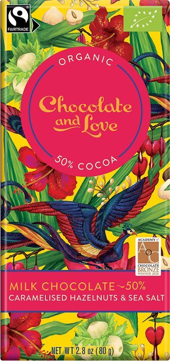 CHOCOLATE AND LOVE CZEKOLADA SZWAJCARSKA MLECZNA Z KARMELIZOWANYMI ORZECHAMI LASKOWYMI I SOLĄ MORSKĄ FAIR TRADE BIO 80 g - CHOCOLATE AND LOVE 1