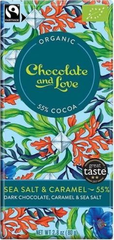 CHOCOLATE AND LOVE CZEKOLADA SZWAJCARSKA GORZKA Z KAWAŁKAMI KARMELU I SOLĄ MORSKĄ FAIR TRADE BIO 80 g - CHOCOLATE AND LOVE 1