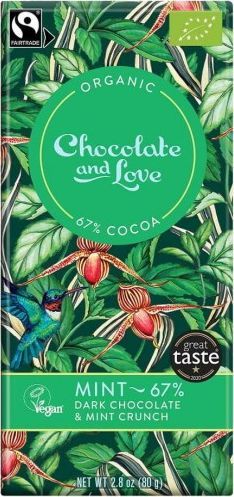 CHOCOLATE AND LOVE CZEKOLADA SZWAJCARSKA GORZKA Z CHRUPIĄCYMI GRANULKAMI MIĘTOWYMI FAIR TRADE BIO 80 g - CHOCOLATE AND LOVE 1