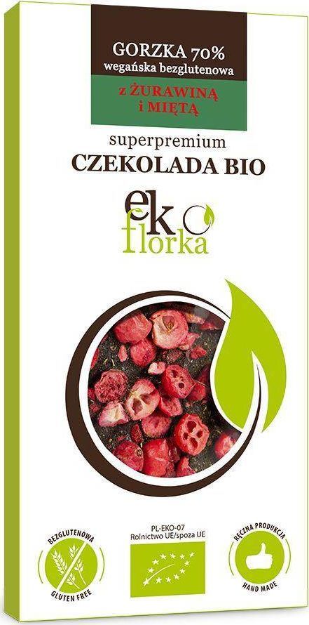 EKOFLORKA CZEKOLADA PREMIUM GORZKA Z ŻURAWINĄ I MIĘTĄ BEZGLUTENOWA BIO 85 g - EKOFLORKA 1