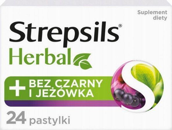 Reckitt Benckiser STREPSILS_Herbal pastylki do ssania bez cukru łagodzące podrażnione gardło i struny głosowe suplement diety Bez Czarny i Jeżówka 24 szt. 1
