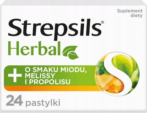 Reckitt Benckiser STREPSILS_Herbal pastylki do ssania bez cukru łagodzące podrażnione gardło i struny głosowe suplement diety Miód, Melisa, Propilis 24 szt. 1