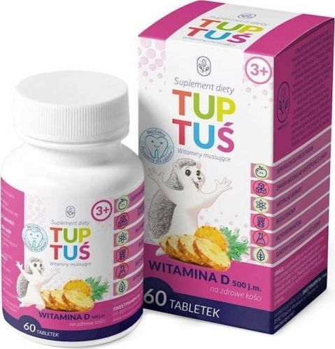 TUPTUŚ WITAMINA D O SMAKU ANANASOWYM NA KOŚCI DLA DZIECI OD 3 ROKU ŻYCIA 60 TABLETEK MUSUJĄCYCH - TUPTUŚ 1