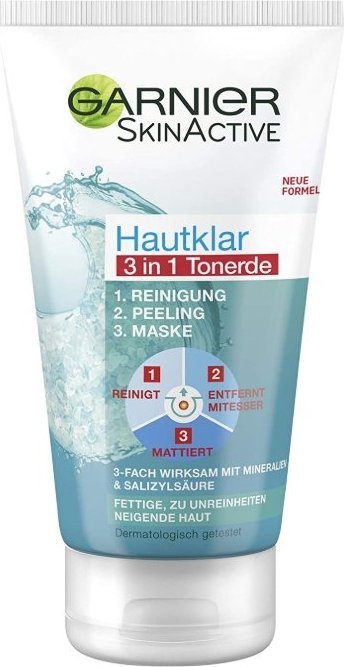 Garnier (DE) Garnier, 3w1 oczyszczanie + peeling + maska, 3-krotnie skuteczne przeciw zanieczyszczonej skórze, głęboko klaruje kwasem salicylowym i gliną, 150 1