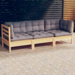  vidaXL vidaXL 3-osobowa sofa ogrodowa z szarymi poduszkami, drewno sosnowe