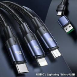 Kabel USB Usams USB-A - USB-C + microUSB + Lightning 1 m Czarno-niebieski (6958444971780)