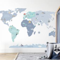 Pastelowe Love Mapa świata niebieska L - Naklejka na ścianę