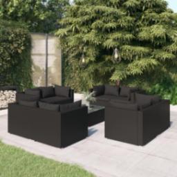  vidaXL 9-cz. zestaw wypoczynkowy do ogrodu, poduszki, czarny rattan PE