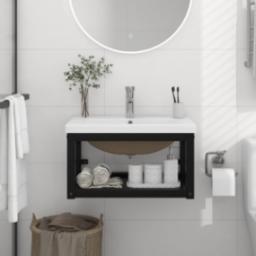  vidaXL Stelaż łazienkowy z wbudowaną umywalką, czarny, żelazo