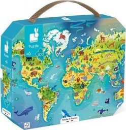  Janod Puzzle w walizce Mapa świata 100 elementów 6+ Made in France, Janod jeden rozmiar