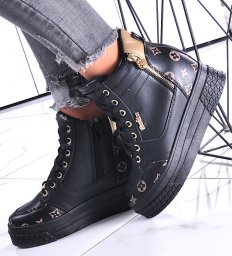  Pantofelek24 Wiązane czarno złote sneakersy na koturnie i platformie /F5-3 12317 T792/ 40