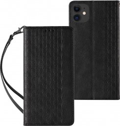  Hurtel Magnet Strap Case etui do iPhone 12 pokrowiec portfel + mini smycz zawieszka czarny