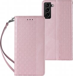  Hurtel Magnet Strap Case etui do Samsung Galaxy S22 Ultra pokrowiec portfel + mini smycz zawieszka różowy