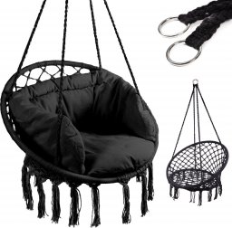  Huśtawka fotel bocianie gniazdo z oparciem czarna 80cm + poduszki