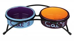  Trixie Zestaw misek ceramicznych Eat on Feet na stojaku, 2 × 0.3 l/o 12 cm, jasnoniebieska/pomarańczowa/fiolet