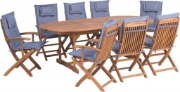  Beliani Lumarko Zestaw ogrodowy drewniany stół i 8 krzeseł z poduszkami niebieskimi MAUI!
