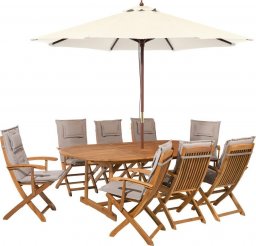  Beliani Lumarko Zestaw ogrodowy stół i 8 krzeseł z szarobeżowymi poduszkami i parasolem MAUI!