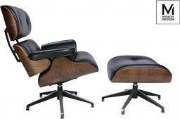  Modesto Design MODESTO fotel LOUNGE z podnóżkiem czarny - sklejka orzech, skóra ekologiczna