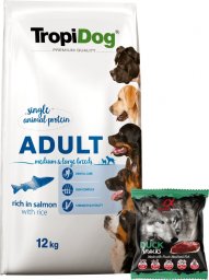 TropiDog TROPIDOG Premium Adult medium & large breeds bogty w łososia i ryż 12kg + Alpha Spirit Przysmak dla psa kostki kaczka 50g GRATIS