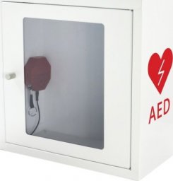  Projekt AED ASB1010 - metalowa szafka z alarmem dźwiękowym na defibrylator wewnątrz budynku - 37 x 37 x 17 cm.