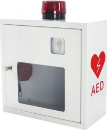 Projekt AED ASB1021 - metalowa szafka z alarmem dźwiękowym i świetlnym + kluczyk na defibrylator wewnątrz budynku - 37 x 37 x 17 cm.