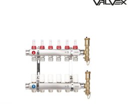 Valvex Rozdzielacz K5 PLUS-10 G1-G3/4 n=10 10 obw ,belka stalowa G1 x 2szt• uchwyty do rozdzielacza x 1 kpl.• złączka redukcyjna G 1/2 x G 3/4• przepływomierz G 1/2• zawór termostatyczny G 1/2• grupa bezpieczeństwa rozdzielacza G1+ ZŁĄCZKA V-PEX 16x3/4