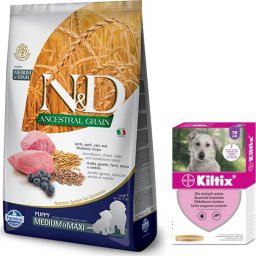  Farmina Farmina N&D Ancestral Grain canine LAMB & BLUEBERRY PUPPY MEDIUM & MAXI 12 kg + BAYER Kiltix Obroża dla psów dużych dł, 70cm