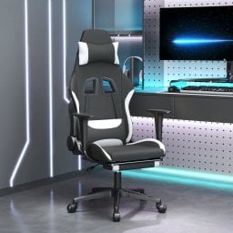 Fotel vidaXL Fotel gamingowy z podnóżkiem, czarno-biały, tkanina