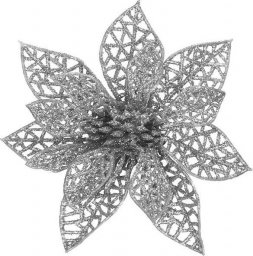  Springos Gwiazda betlejemska, sztuczny kwiat, poinsecja ażurowa, srebrna z brokatem na klipsie UNIWERSALNY