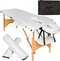  Tectake 2-strefowy stół do masażu z tapicerką 5cm, drewnianą rama i zestawem wałków - biały
